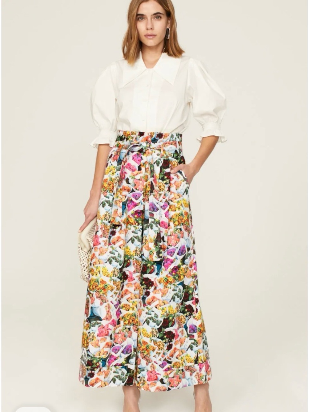 Adam Lippes Bouquet Tie Waist Wide Leg Pants Floral High-Waist Crop Multicolor